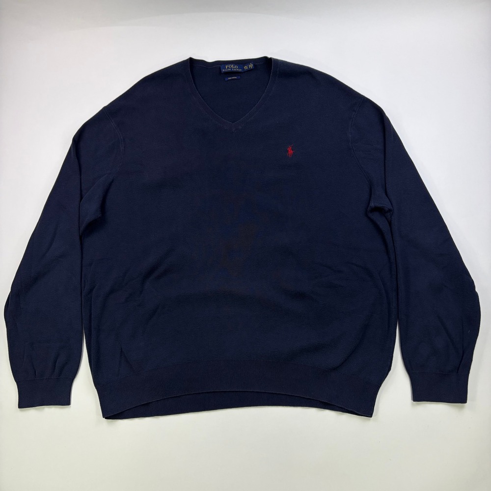 Polo Ralph Lauren Pima Cotton V-Neck Sweater Mens XXL Navy Blue Red Pony Classic